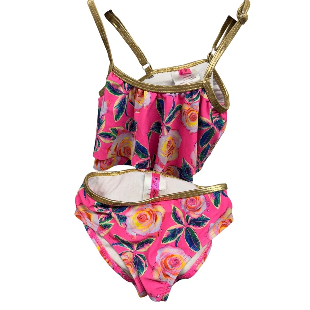 Vintage Y2K Betsey Johnson Little Girls‎ 4T Pink Floral Colorful Gold Swimsuit